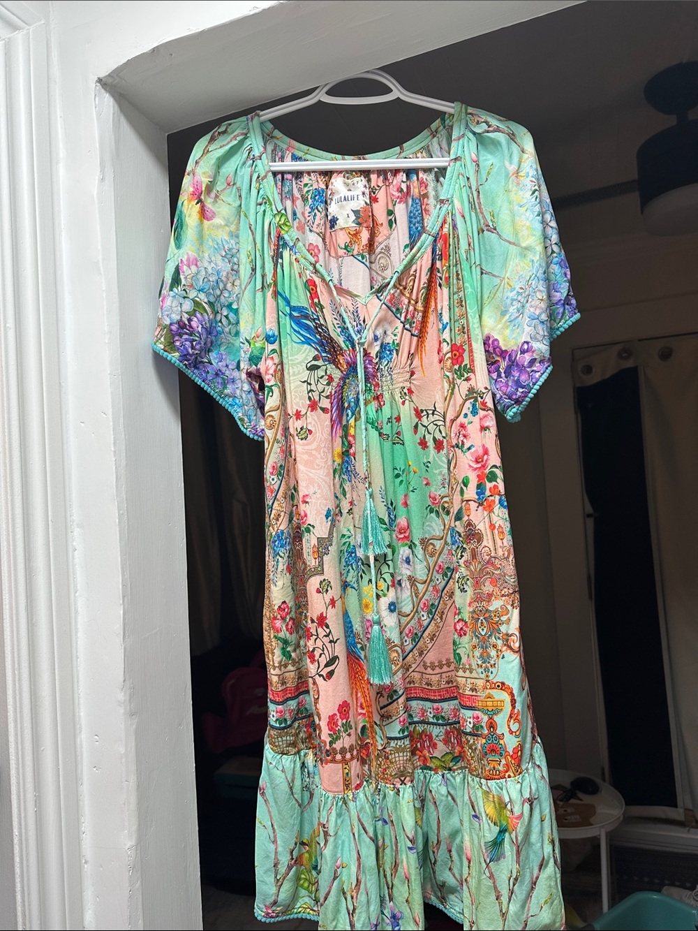 LULALIFE Colorful Boho Floral Tassel Dress - Mint, Peach & Purple